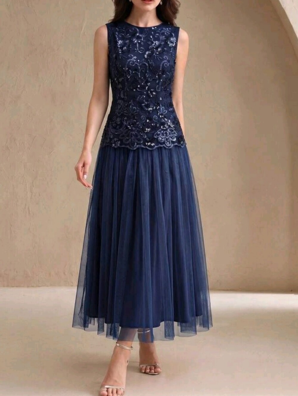 New Luxe Sequin Dropped Waist Maxi Dress Sleeveless Navy Blue